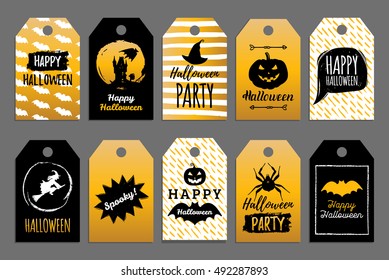 Vector set of tags and labels with Happy Halloween inscription. Festive party cards collection. All Saints' Eve background.