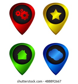 Vector set of tags to the map of red blue green and yellow colors of icons at home stars clouds and gears