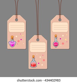 Vector set of tags with pink cartoon bottles and spots. Cute labels illustration. Magic liquid