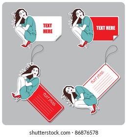Vector set of tags and stickers with beautiful girl.