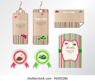 vector set of tags stickers and cards with funny ladybirds on a striped background