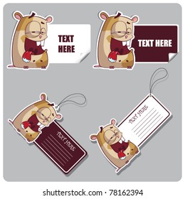 Vector set of tags and stickers with cartoon hamsters.