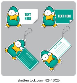 Vector set of tags and stickers with cartoon duck.