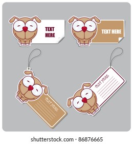 Vector set of tags and stickers with cartoon dog.