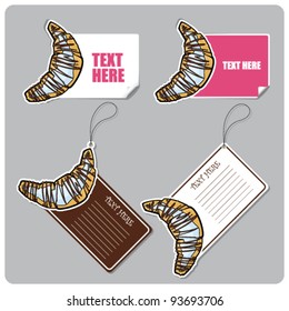 Vector set of tags and stickers with cartoon croissants.
