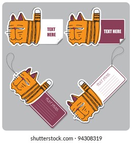 Vector set of tags and stickers with cartoon cat.