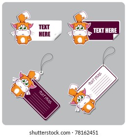 Vector set of tags and stickers with funny kitty.