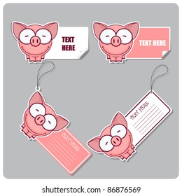 Vector set of tags and stickers with funny cartoon pig.