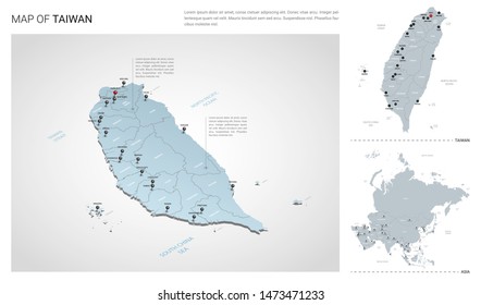 Vector set of Taiwan country.  Isometric 3d map, Taiwan map, Asia map - with region, state names and city names. 