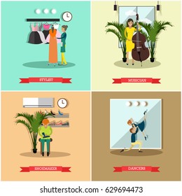 Vector set of talented and creative people, art and crafts professionals posters. Stylist, Musician, Shoemaker and Dancers concept design elements in flat style.