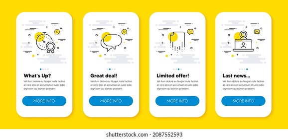 Vector set of Talk bubble, Best result and Recovery file line icons set. UI phone app screens with line icons. Video conference icon. Chat message, Timer award, Backup document. Vector
