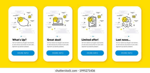 Vector set of Talk bubble, Report and Website education line icons set. UI phone app screens with line icons. Engineering team icon. Chat message, Presentation chart, Video learning. Vector