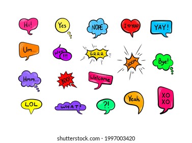 Vector set of talk bubbles with handwritten words, colorful design elements set.