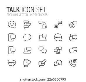 Vector set of talk thin line icons. Design of 20 stroke pictograms. Signs of talk isolated on a white background.