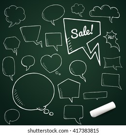 Vector set of talk and think bubbles with chalk, group of blackdoodle speech bubles on chalkboard