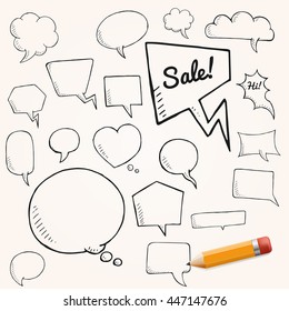 Vector set of talk and think bubbles with yellow pencil, group of oodle speech bubles on white background