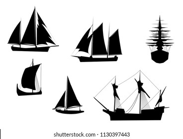 Vector Set Of Tall Ships , Acient Vessels And Boats