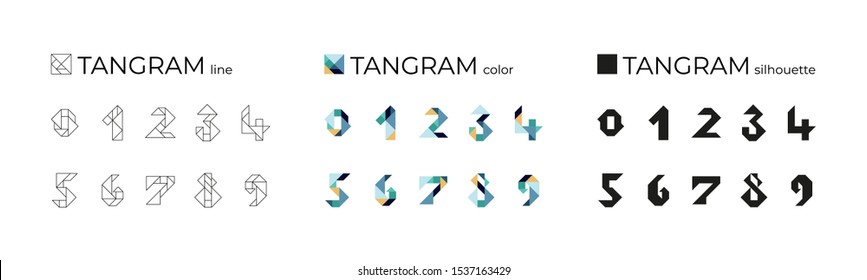 Vector set of tangram numbers consisting of line, color and silhouette illustrations. Isolated icons on a white background. Tangram children brain game cutting transformation puzzle vector set.