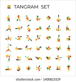 Vector set of tangrams consisting of 42 color illustrations. Isolated icons on a white background. Tangram children brain game cutting transformation puzzle vector set.