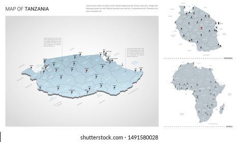 Vector set of Tanzania country.  Isometric 3d map, Tanzania map, Africa map - with region, state names and city names.