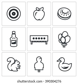 Vector Set of Target Icons. Archery, Apple, Plate for bench Shooting, Bottle, Biathlon, Balloons, Squirrel, Hhuman figure, Duck. Different types of targets for aimed fire. 