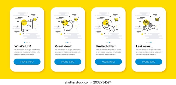 Vektorset der Icons für Zielpfad, Benutzer- und Wecker-Uhr. UI Telefon-App-Bildschirme mit Zeilensymbole. Symbol für Kreditzinsen. Geschäftsziel, Projektmanager, Zeit. Wachstumskarte. Handy-UI-Banner. Vektorgrafik