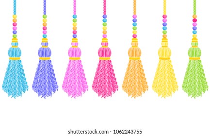 Vector set of tassels. Colorful horizontal border, perfect for cards, celebrate decor, background. Cute tassels from thread, yarn with beads, breads, strings, rope. Blue, yellow, green, pink