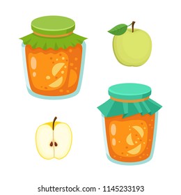 Vector set of tasty summer jam of apples and fruit isolated on white. Autumn set with apples food used for magazine, book, stickers and tag.