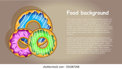 Vector set of tasty sweet colorful donuts. Isolation over brown background. Food template.