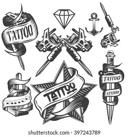 Vector set of tattoo vector labels in vintage style. Tattoo salon logos and tattoo machine isolated on white background. Design elements, icons, badges and stamps.