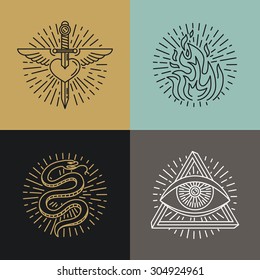Vector set of tattoo styled icons and emblems in trendy mono line style - linear illustrations - heart, fire, snake and eye