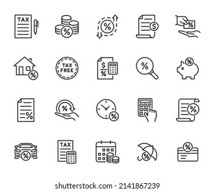 Vector set of tax line icons. Contains icons tax return, loan, interest rate, tax free, fee, tax saving and more. Pixel perfect.