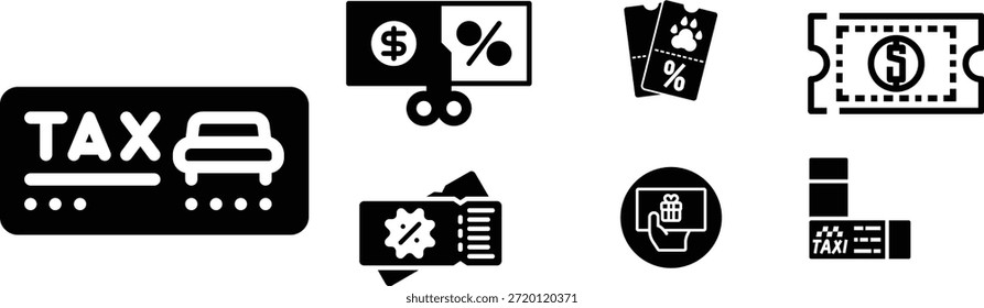 Conjunto de Vector de Comprobante de tarifas de taxi, Cupones de descuento, billetes de dinero e íconos de vales de regalo, ideal para promociones de servicio de taxi, Precios de transporte y campañas de lealtad.