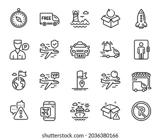 Vector set of Taxi, Rocket and Search flight line icons set. Destination flag, Lighthouse and Delivery warning icons. Flag, Valet servant and Free delivery signs. Taxi web symbol. Vector