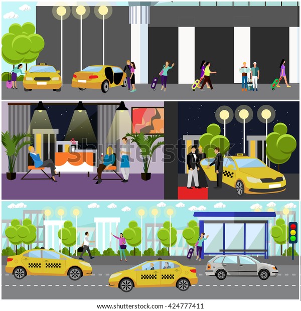 Vector set of taxi\
service company concept banners. People catch taxi on a street.\
Passengers in taxi car.