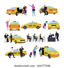 Vector set of Taxi service icons isolated on white background. People using yellow taxi cab.  Passengers in taxi car.