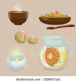 Vector set of tea ceremony elements. Teapot with blooming tea, burning candle, Chinese cup with hot tea, leaves with flowers in a bowl. Hieroglyphs in the backgroud.