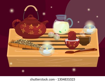 Vector set of tea ceremony tools and equipment. Chinese culture. Earthen tea set.