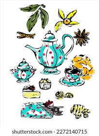   Vector set of tea collection elements in graphic style, isolated on white background.Set for menu decorations, websites,baners