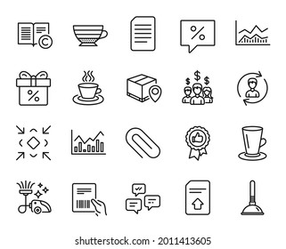 Vector set of Tea cup, Infochart and Salary employees line icons set. Parcel invoice, Cappuccino and Teacup icons. Human resources, Discount message and Chat messages signs. Tea cup web symbol. Vector