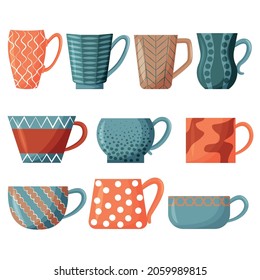 Vector set of tea cups. Colorful cups for morning tea drinking. Design elements isolated on a white background.