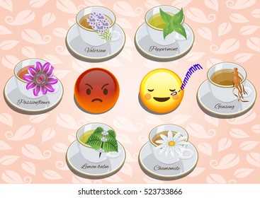 Vector Set of Tea for emotional wellness:nerves and de-stress