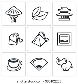 Vector Set of Tea Icons. China, Leaf, Temple, Teabag, Cup, Ceremony, Elephant. Chinese, Plant, House, Tea, Brewing, Fan, Animal