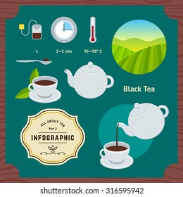 Vector Set of Tea Infographics. Rules of Brewing Black Tea and Tea Garden Illustration. Flat Information Icons Concept.