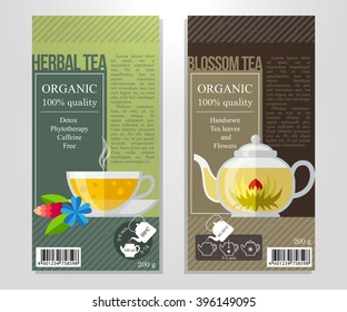 Vector set of tea labels in flat style for tea package- herbal and blossom tea. Vector template with text area.