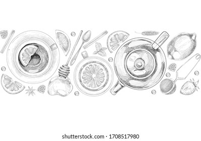 Vector set of tea leaves, lemon, teapot cups and spoons