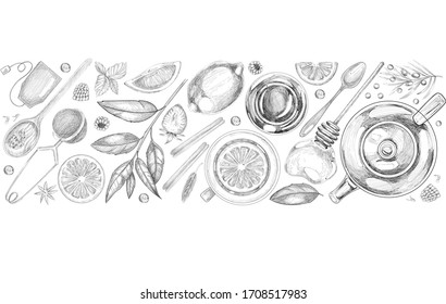 Vector set of tea leaves, lemon, teapot cups and spoons