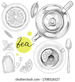 Vector set with tea leaves, lemon,cup of tea and spoon