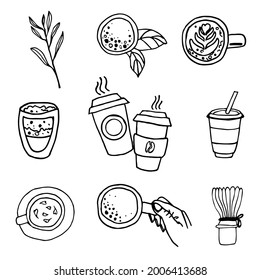Vector set with tea, tea matches, coffee in disposable cups, mugs. Doodle mug with coffee in hand