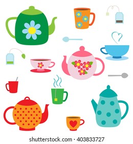 Vector set of tea pots and cups